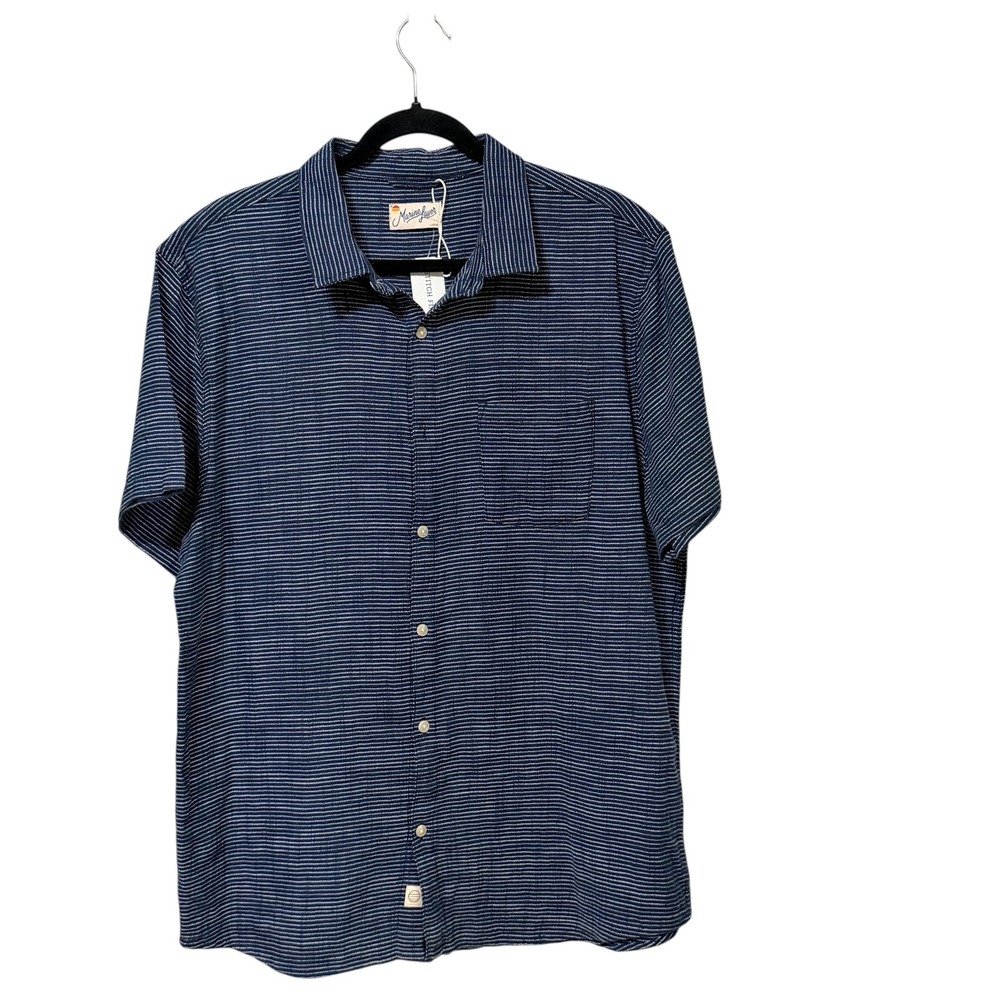 Marine Layer Mens Large Navy Blue White Micro Stripe Short Sleeve Button Down